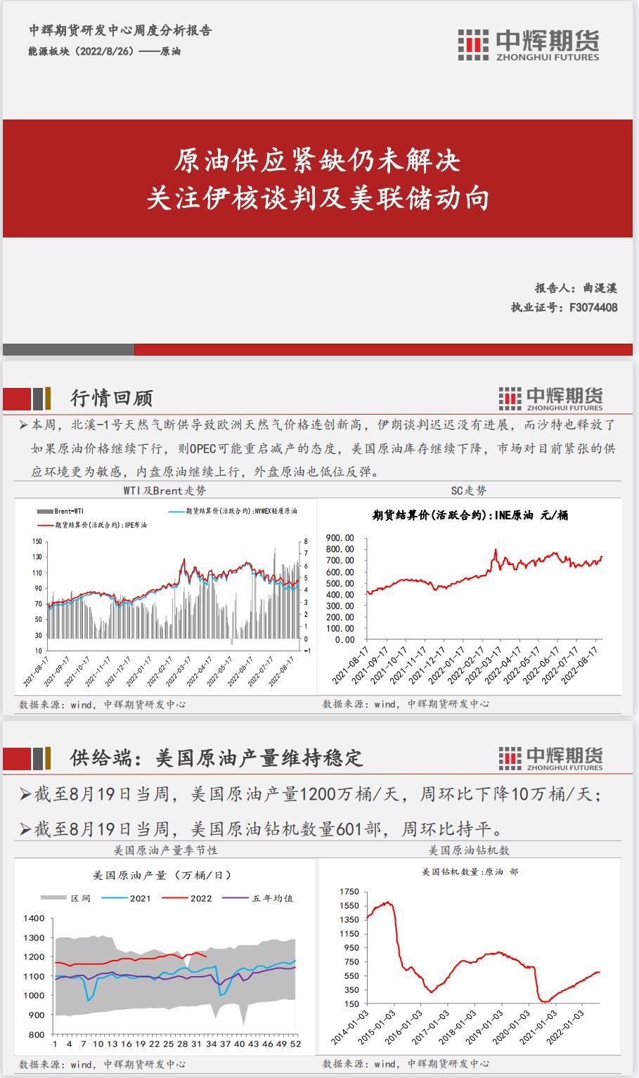 中辉期货能源周报2022.08.26：原油供应紧缺仍未解决，关注伊核谈判及美联储动向