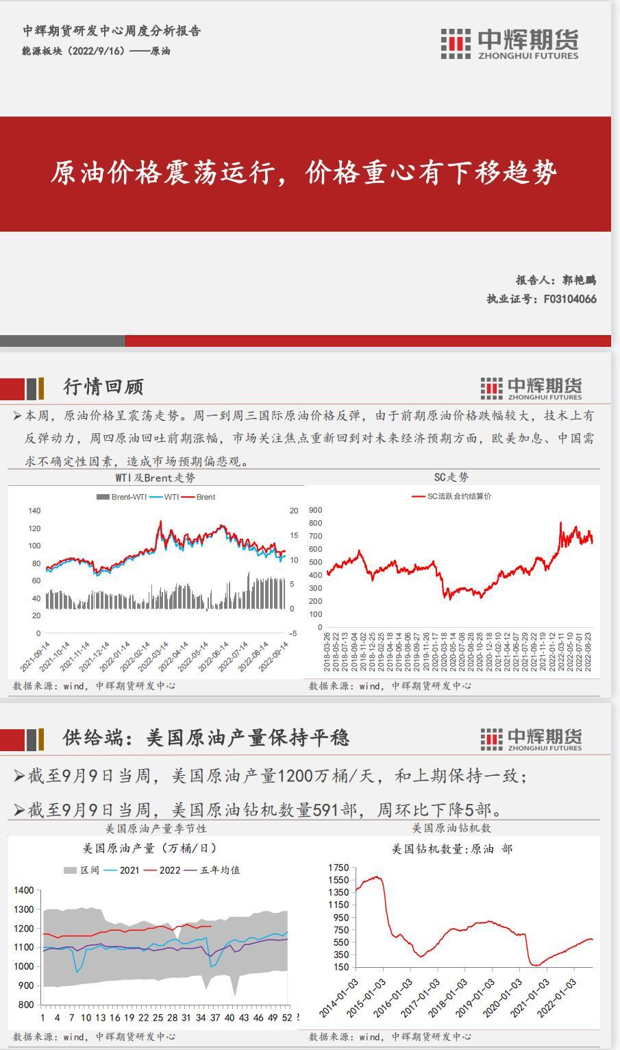 中辉期货能源周报：原油价格震荡运行，价格重心有下移趋势
